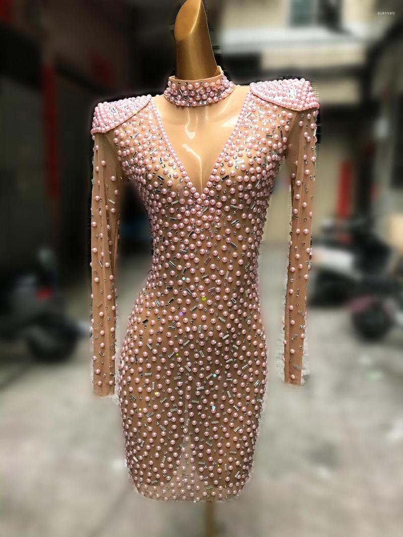 

Stage Wear Mesh See Through Fringes Dress Birthday Pink Rhinestones Pearls Transparent Celebrate Club