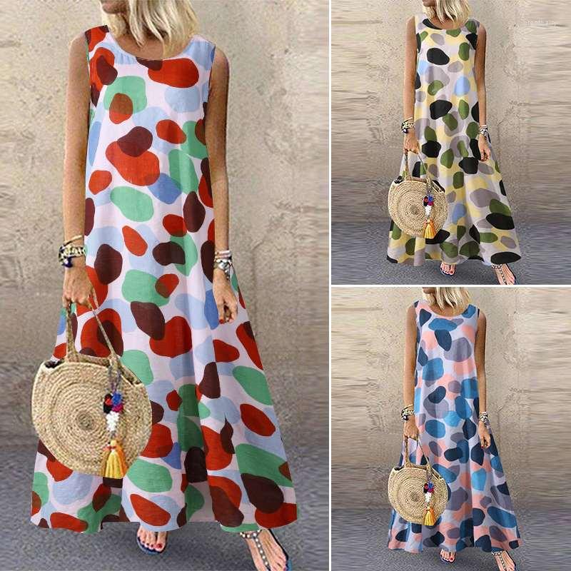 

Casual Dresses Summer Bohemian Printed Sundress Women O Neck Sleeveless Long Dress Beach Party Plus Size