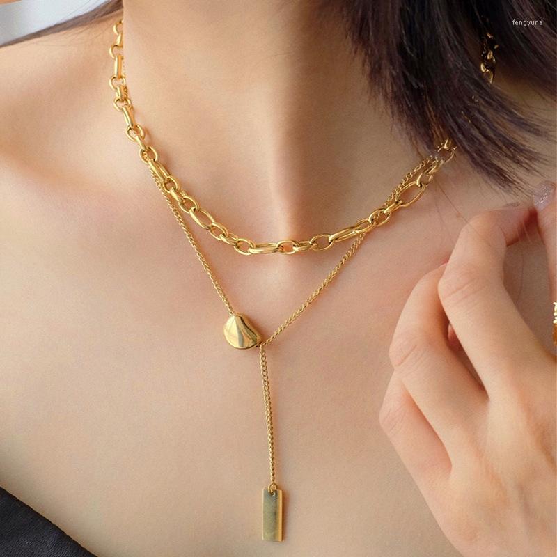 

Pendant Necklaces Korea Cold Wind Ins Double Lentil Necklace Titanium Steel Colorfast Simple Retro K Golden Clavicle Sweater Chain