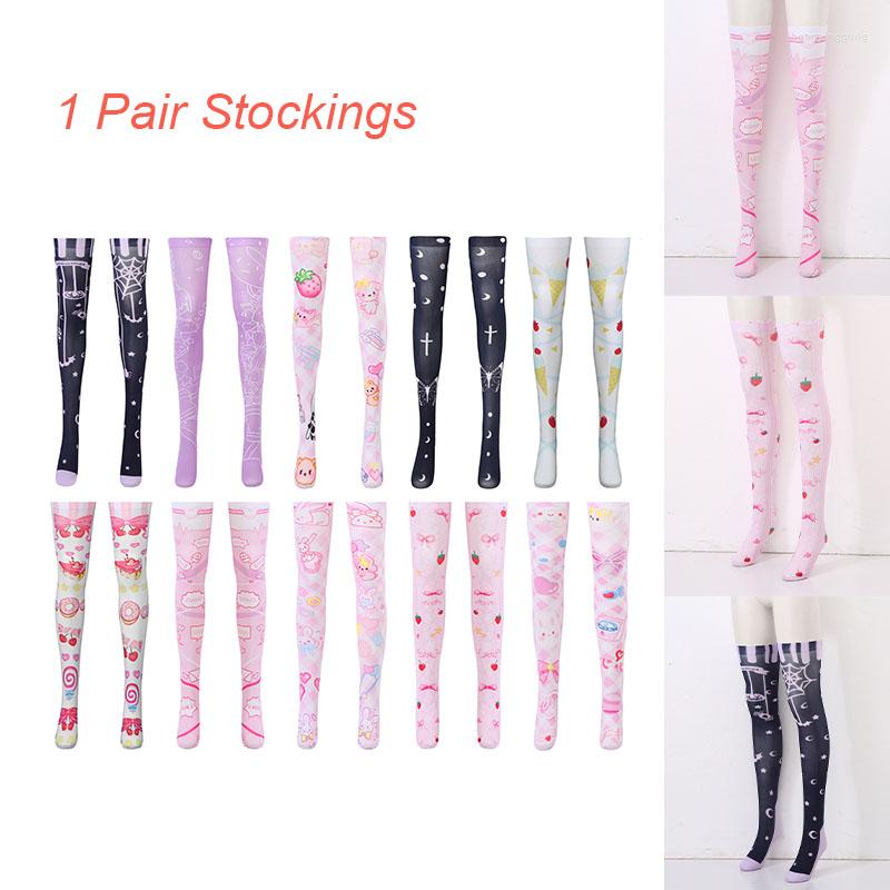 

Women Socks 1 Pair Girls Cute Print Stretch Stockings Loli Thigh High Bottoming Hose Lolita Costume Accessories, Type g