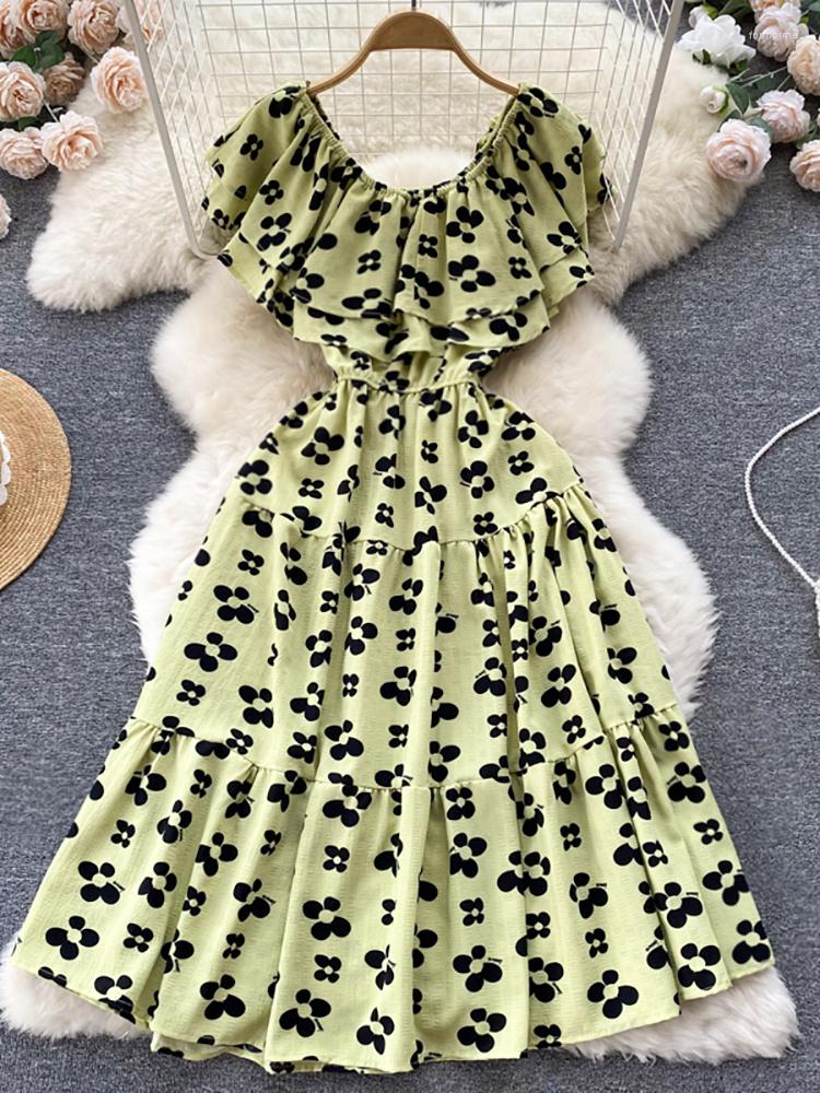 

Party Dresses Summer Women Printed Dress Vintage Slash Neck Off Shoulder Ruffle High Waist A-Line Casual Midi Vestidos Female Fashion Robe, Black