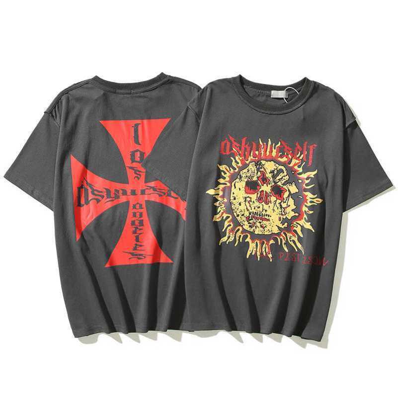 

2022 Summer Asky Sun Skull Cross Print Reverse Inside Out Popular Short Sleeve Youth T, Retro grey