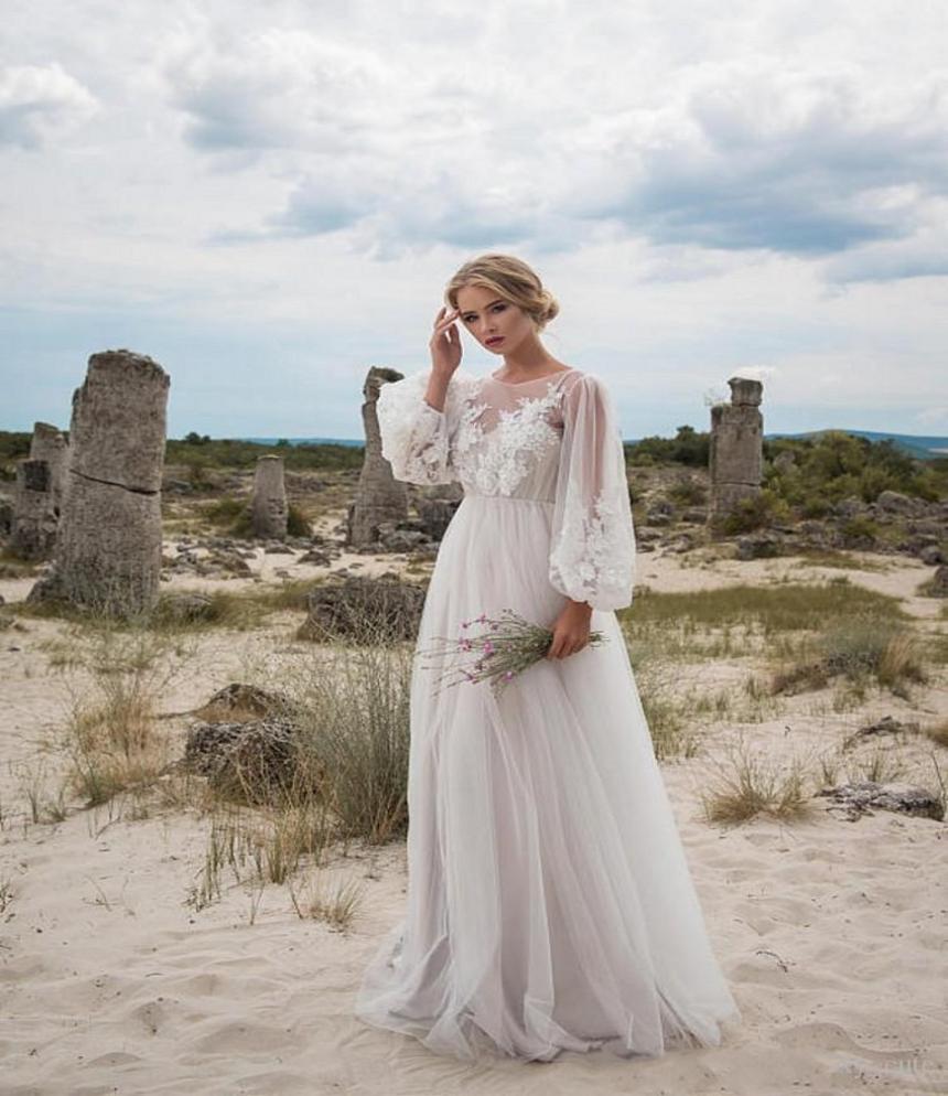 

2019 New Boho Wedding Dresses Long Sleeves Bohemian Wedding Dresses Appliques Tulle Floor Length Beach Wedding Gowns Cheap Bridal 4277127, Nude