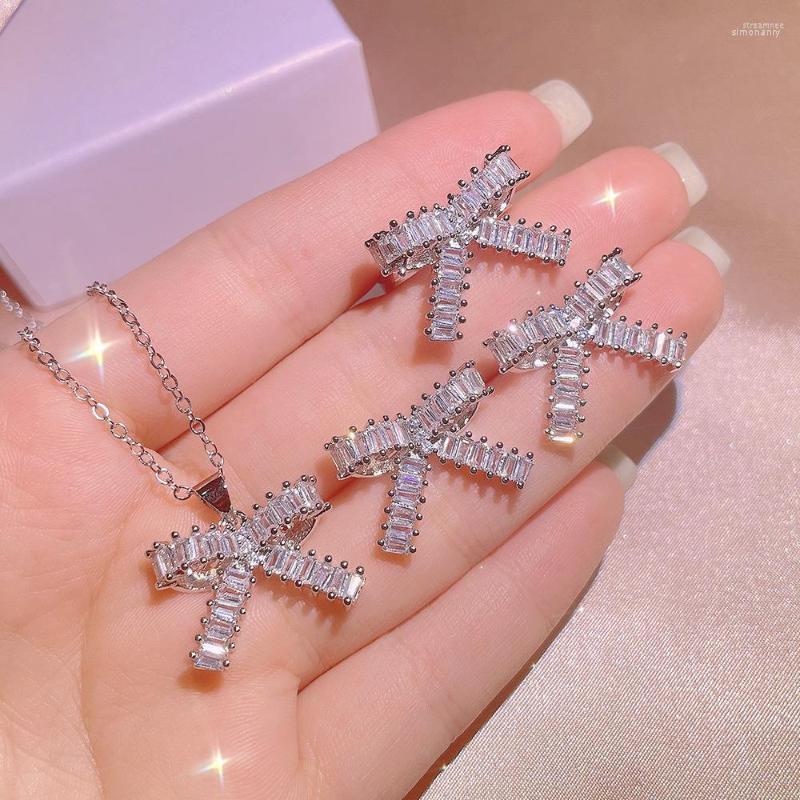 

Necklace Earrings Set Bow Shape Zircon Ring Three-Piece, Picture shown