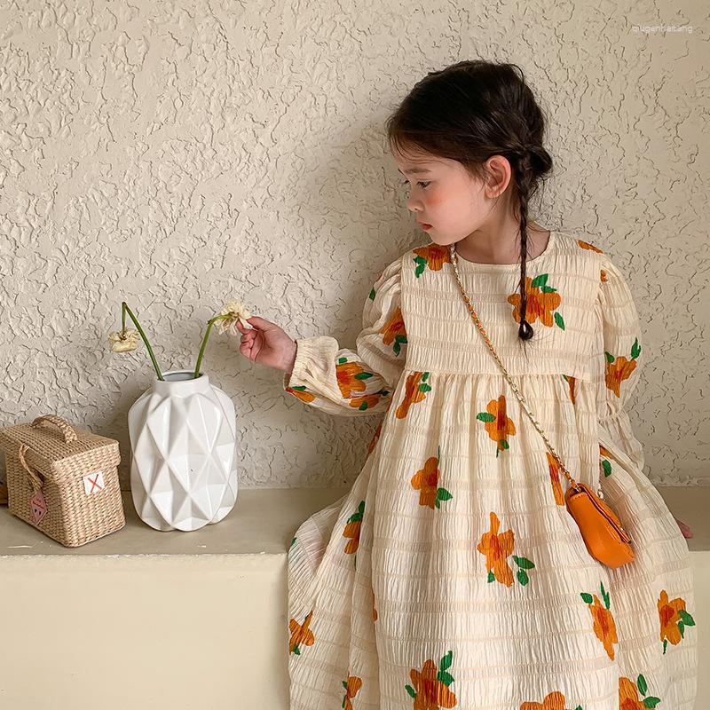 

Girl Dresses Deer Jonmi 2023 Spring Baby Girls Floral Printed Princess Dress Long Sleeve Korean Style Cute Robe Children Vacation, Beige