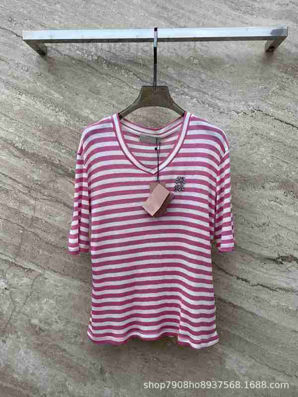 

Women' T-Shirt Designer 23 Spring/Summer New Small V-Neck Stapled Diamond Letter Decorative Striped Tencel Short Sleeve T-shirt H3FA, Black4