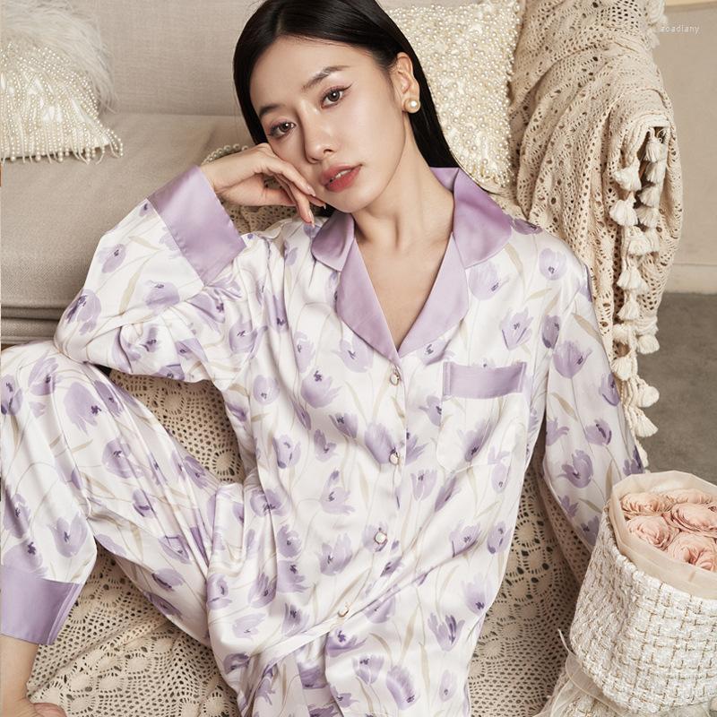 

Women's Sleepwear CRLAYDK 2023 Spring Pajamas For Women Long Sleeve Purple Tulip Silk Notch Collar Pjs Set Button Down Loungewear, Pink rose