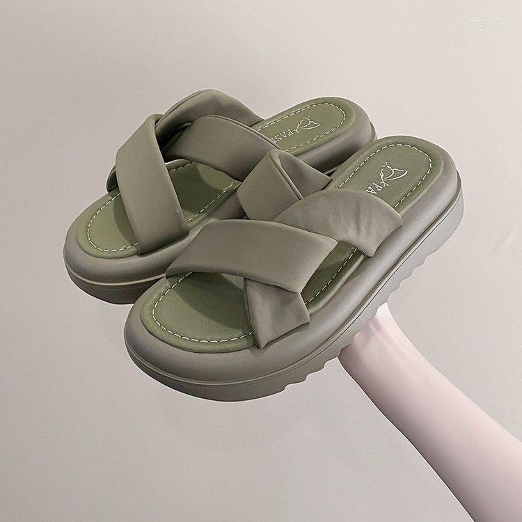 

Slippers Women's Fashion All-match Summer Peep-toe Sandals Solid Color Round Head Flat, Green
