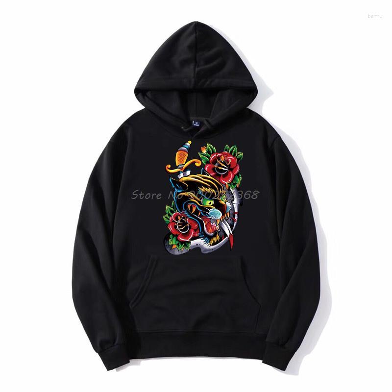 

Men's Hoodies Print Hoodie Panther Rose Sword Tattoo Old School- Nerd Men Fleece Hooded Sweatshirt Streetwear Harajuku