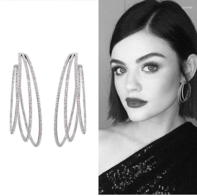 

Hoop Earrings Glitter Luxury White Gold Color CZ Zirconia Crystal Big Three-layer Irregular For Women Fashion Jewelry E0294