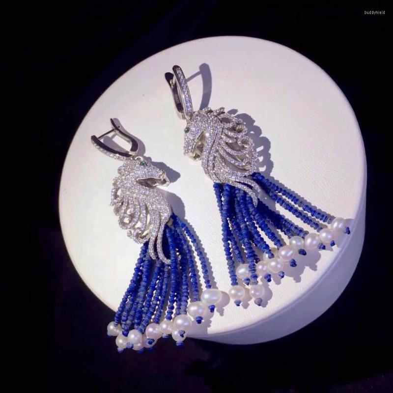 

Dangle Earrings Natural Round Faceted Lasurite Silver Plated Cz Pave Sea Horse