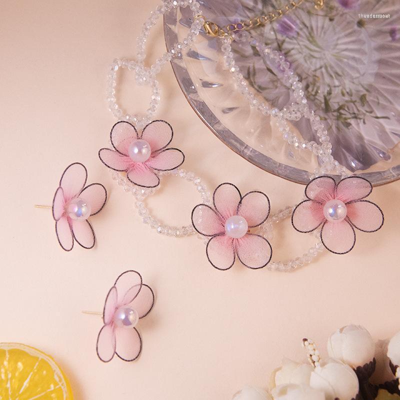 

Chains Personalized Flower Necklace Heavy Beaded Crystal Ring Neck Chain Peach Blossom Pearl Earring Set