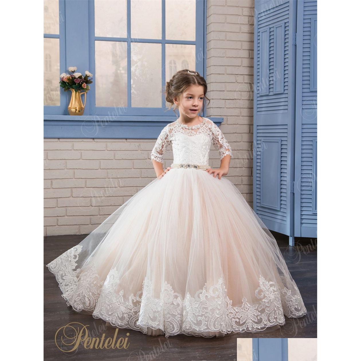 

Flower Girls' Dresses Girls 2021 Pentelei With 3/4 Long Sleeves And Lace-Up Back Appliques Tle Ballgown Little Gowns For Party Drop Dhb29, Black