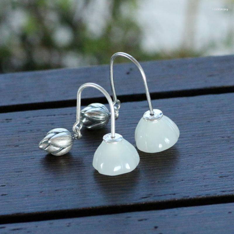 

Dangle Earrings Chinese Style U-shaped Lotus Pod Women's Silver-plated White Jade Flower Ear Hook Gentle Party Jewelry Exquisite Gift