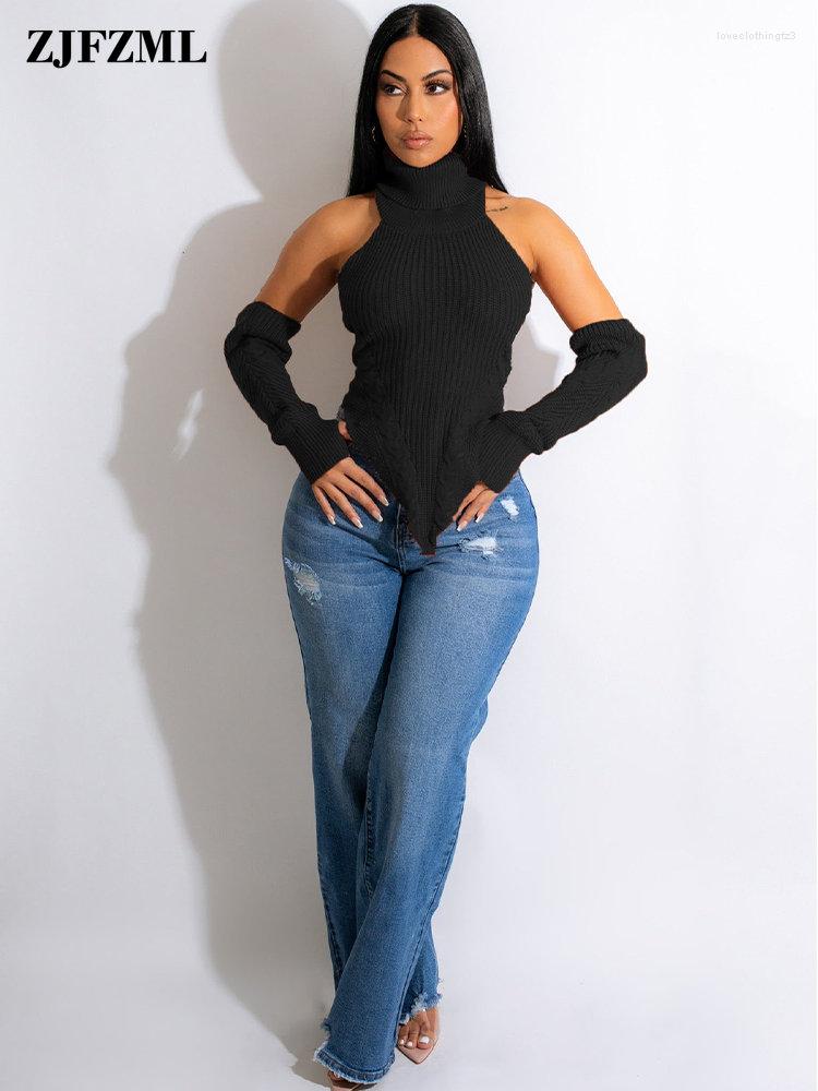 

Women's Sweaters Autumn Winter Women Warm Knit Sweater Jumper With Finger Hole Sleeves Turtleneck Backless Asymmetrical Hem Stretch Slim, Green