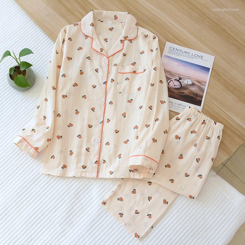 

Women's Sleepwear Spring And Summer Women's Pajamas Long-sleeved Trousers Two-piece Set Cotton Tulle Ladies Thin Cute Homewear, Kumquat