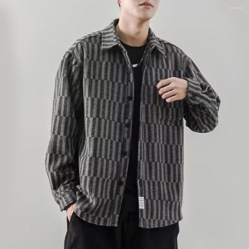 

Men's Casual Shirts Stylish Autumn Shirt Striped Print Loose Spring Mid Length Buttons Men Top, Black gray