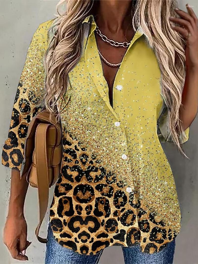

Women' Blouses 2023 Women' Shirt Blouse Yellow Pink Blue Leopard Button Print Long Sleeve Casual Basic Daily Tops Summer Plus-size, Hshhf2313111