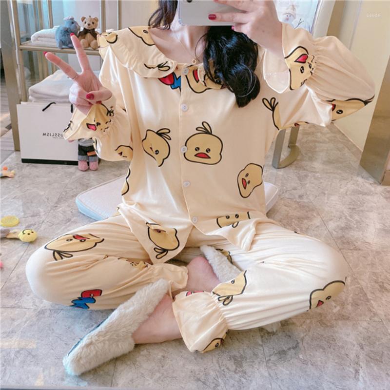 

Women's Sleepwear Pajamas Female Spring And Autumn Doll Collar Long-sleeved Trousers Cartoon Home Service Winter Suit, Ivory