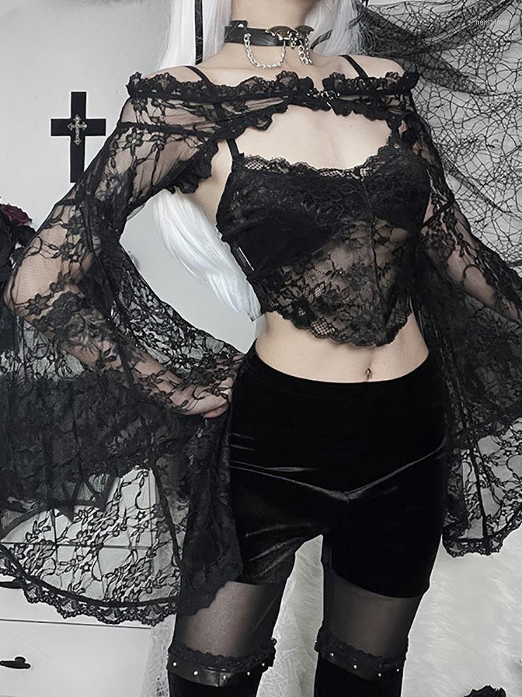 

Women' T Shirts Elegant Mall Gothic Emo Lace Blouses Shrug Tops Grunge Sheer Sexy Women Alt Crop Top Off Shoulder Flare Sleeve, Black