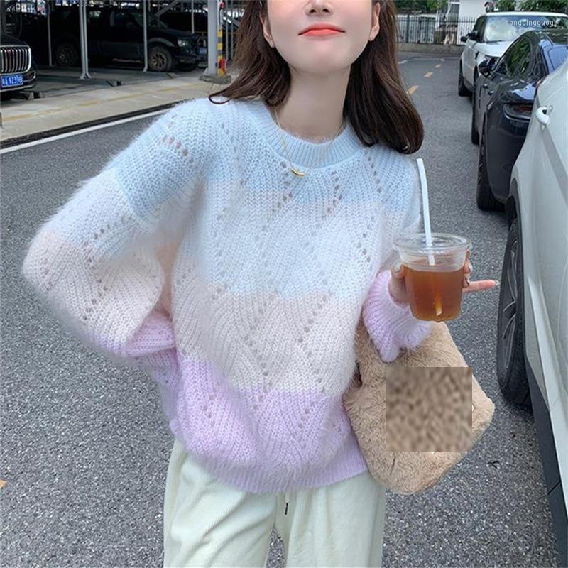 

Women's Sweaters Sweet Style Tie Dye Cute Long Sleeve Knitted Pullovers Students Hollow Out Autumn Winter O Neck Casual Loose Jumpers