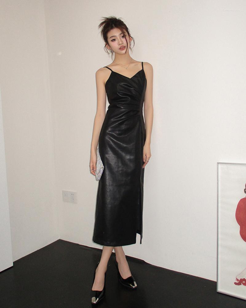 

Casual Dresses Women' PU Leather Long Dress 2023 Summer Female Sexy V-neck Faux Suspended Vestidos, Black
