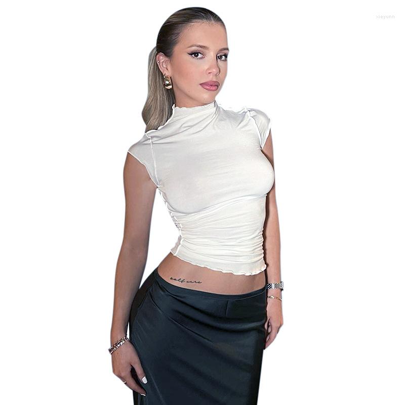 

Women's T Shirts European-american Women's Summer Solid High Neck Short Sleeve Wooden Ear Edge Reversal Top T-shirt, White