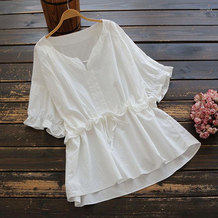 

Women's Blouses 6421 Summer Women Japan Style Loose Cotton V-Neck Short Sleeve Tops Female Literary Solid Color Pullover Shirt Blouse, Pink