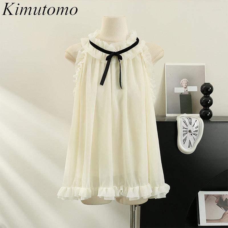 

Women's Blouses Kimutomo Gentle Loose Color Contrast Ruffles Splicing Shirt Woman Elegant Halter Sleeveless Simple Versatile Chiffon Blouse, Apricot