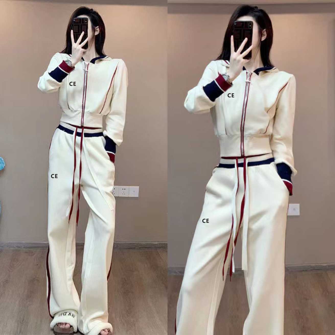 

Women's Two Piece Pants Casual Suits Designers CE Jackets Coats For Women Long Sleeve Zipper Jacket Cool Girls Streetwear Womens Clothing Set E131, White