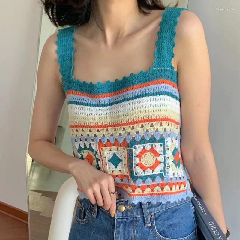 

Women's Tanks 2023 Summer Retro Girls Knitted Tank Tops Sling Literary Knitting Vest Geometric Bohemian Sleeveless Garment Short Camisole, Blue