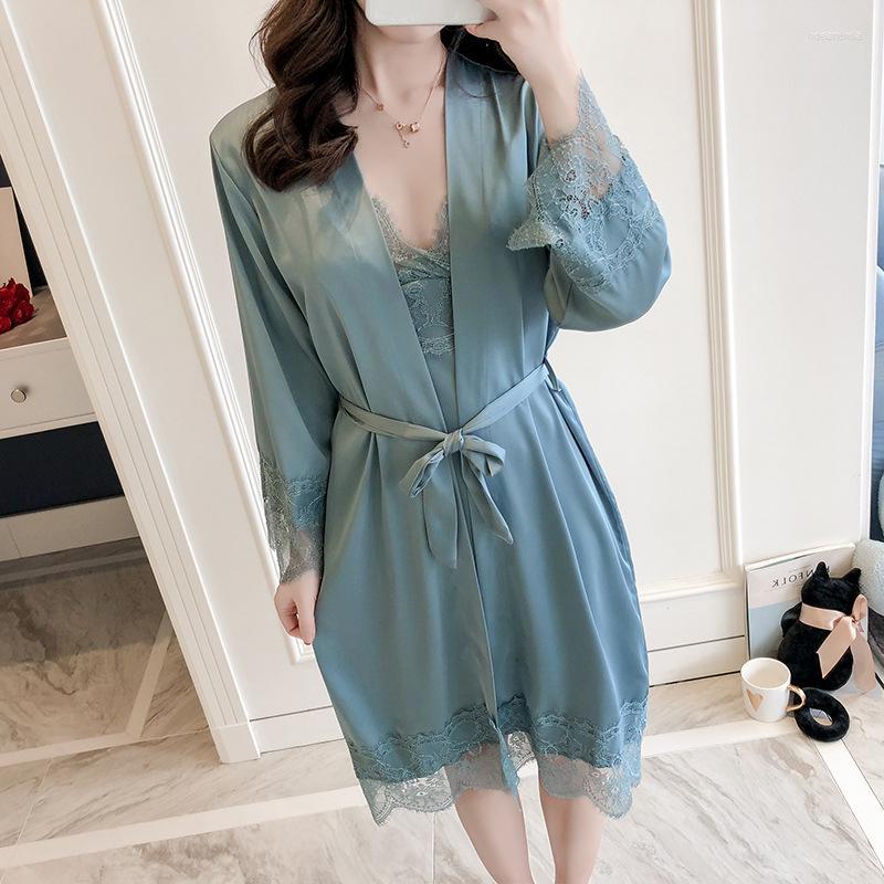 

Women's Sleepwear Women's Spring Summer Lace Women's Nightdress Sling Dress Robe 2Pcs Set Bathrobe Home Clothes Sexy Nightgown, White
