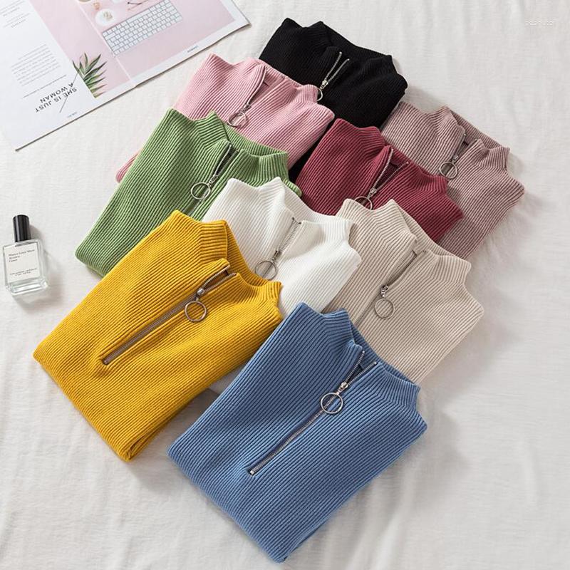 

Women's Sweaters Casual Zipper Women Sweater Turtleneck 2023 Autumn Winter Knitted Pullovers Long Sleeve Soft Slim-fit Tight Jumper Tops, Black