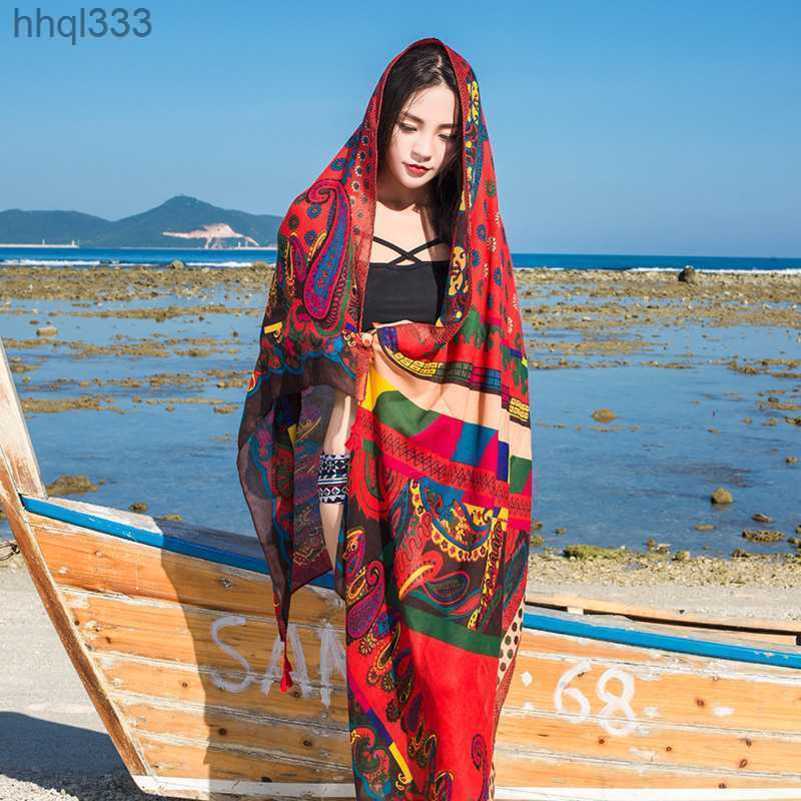 

Ethnic style cotton linen tassel printed scarves for women's seaside tourism beach scarves, silk scarves for sun protection, air conditioning room shawls, 12 ripple blue