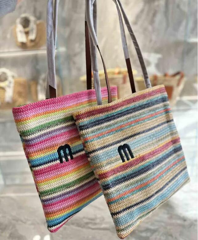 Summer Rainbow Letters Embroidery Straw Woven Woven Beach Bags Shoulder Chain Bag Clutch Flap Totes Lady High Capacity Shopping Handbag Multi Sty-image-959724865