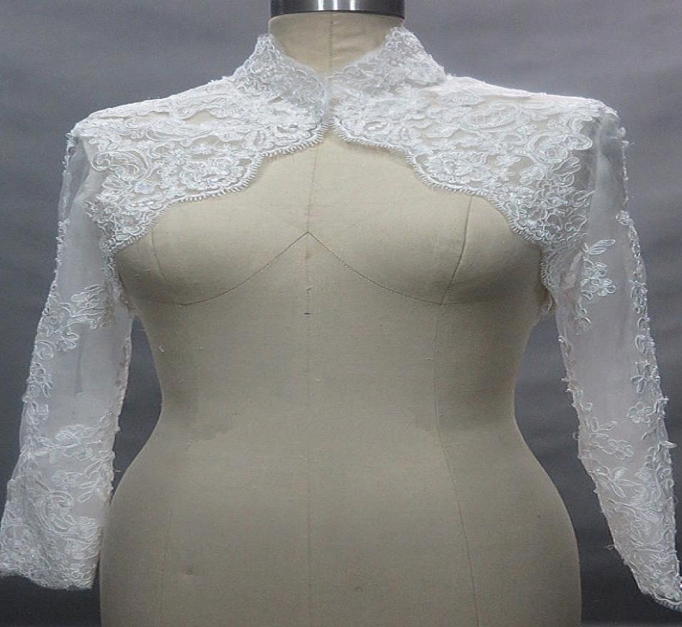 

Solovedress New High Neck Lace Wedding Jacket Long Sleeves Women Custom made Appliques Lace Cape Bridal Warps9086244, White