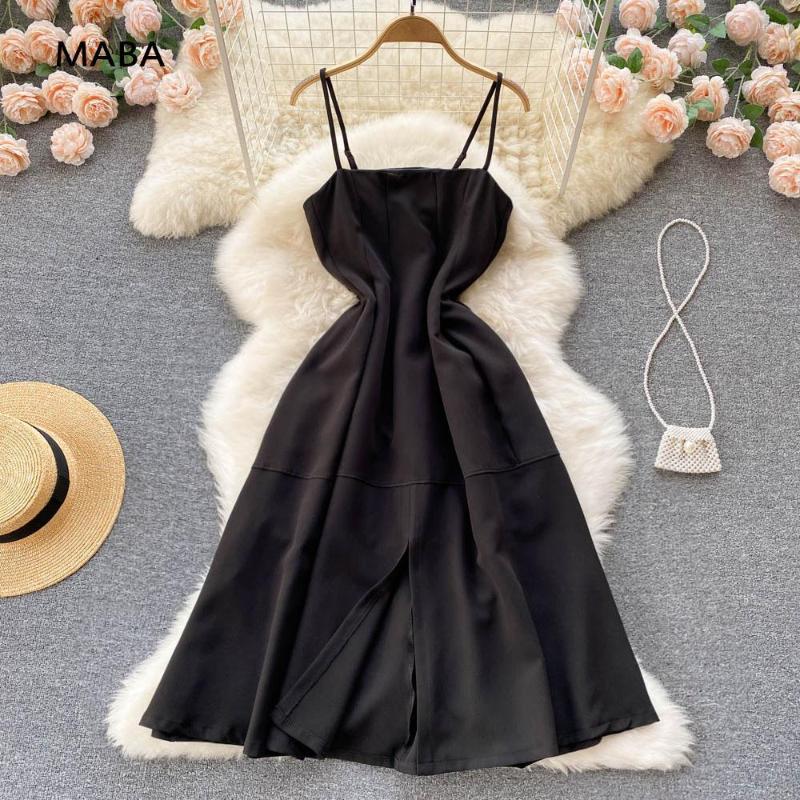 

Casual Dresses Women' Black Spaghetti Strap Dress Summer Ladies Sexy Fashion Off Shoulder Slit Big Swing Sleeveless Long Party Robes