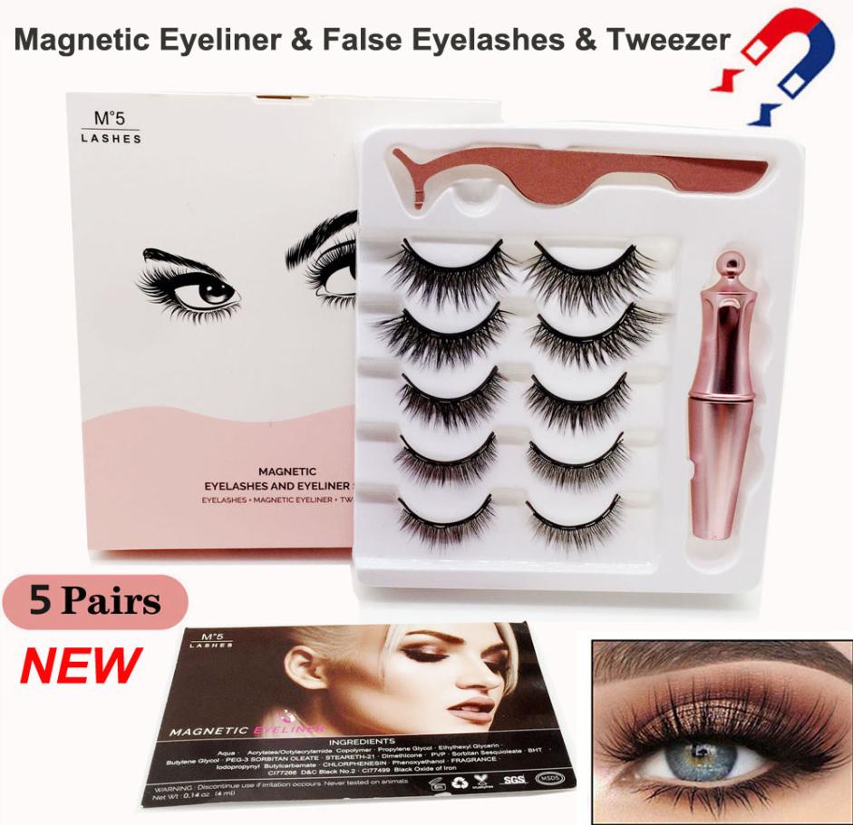 

5 Pairs Magnetic False Eyelashes Liquid Eyeliner Tweezer Kit Upgraded 3D magnet False eyelashes makeup set Natural reusable No G3381291
