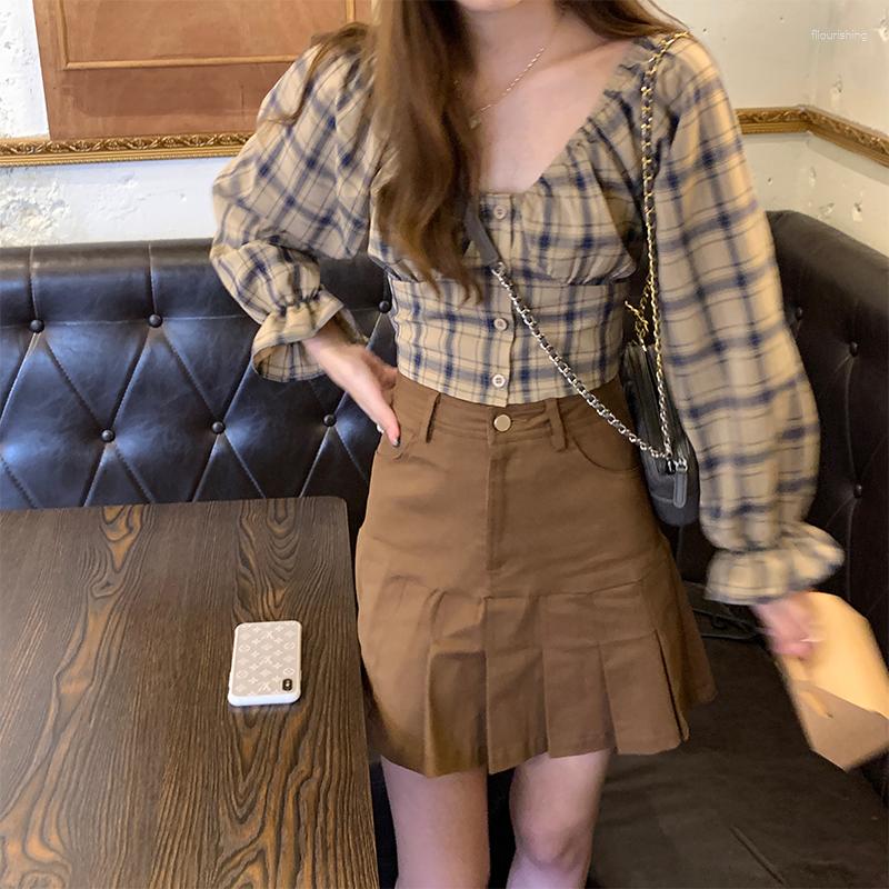 

Women' T Shirts EWSFV 2023 Autumn Fashion Women Large Size Khaki Plaid Chiffon Shirt French Slim Fit V-neck Flared Sleeves Back Lace-up Top