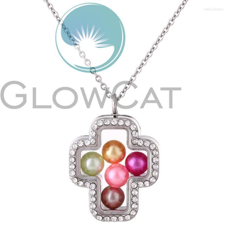 

Pendant Necklaces Glass Rhinestone Cross Necklace Silver Color Locket Pearl Cage Steel Chain