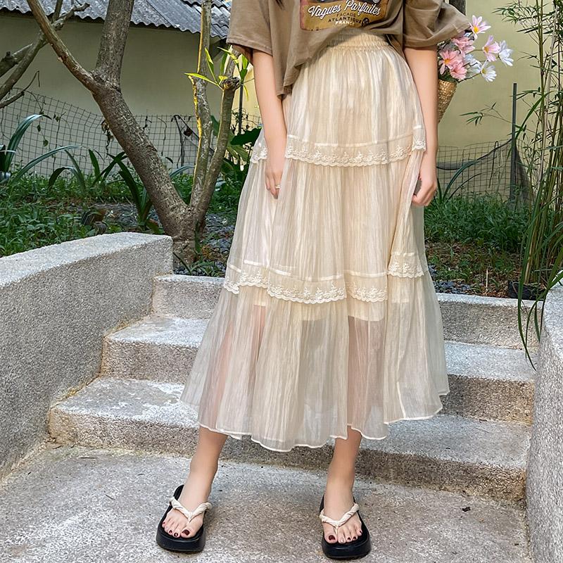

Skirts Summer Lace Patchwork For Women 2023 Korean Fashion Long Casual High Waisted Elastic Waist Band Midi Skirt, Beige