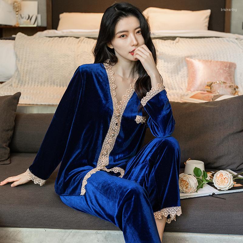 

Women's Sleepwear Autumn Velour 2PCS Loose Pajama Sets Female Lace Trim Homewear Sexy V-Neck Retro Full Sleeve Pant Winter Nightwear, Pink