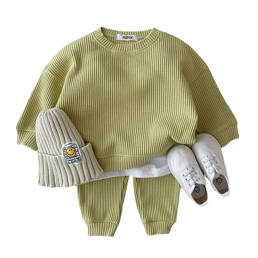 

Korean Waffle Cotton Baby Clothing Sets Kids Boys Girls Spring Autumn Loose Tracksuit Tops+Pants 2PCS Sets Clothes, Navy
