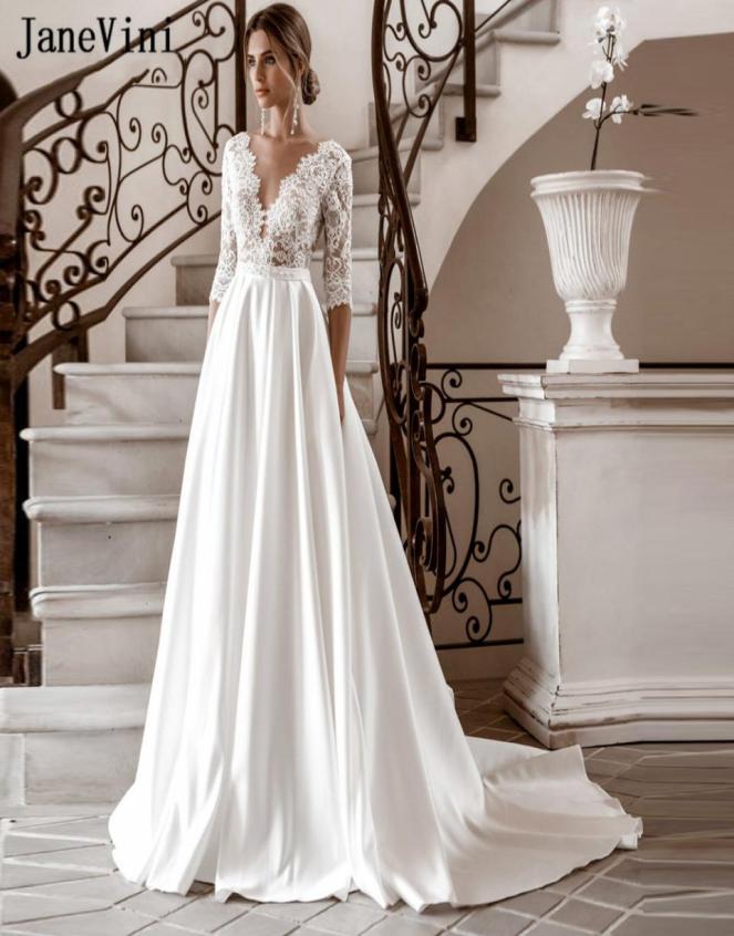 

JaneVini White Long Wedding Dress with Sleeves 2020 V Neck Elegant Lace Appliques Satin A Line Princess Bridal Gowns Sweep Train3585271, Gold