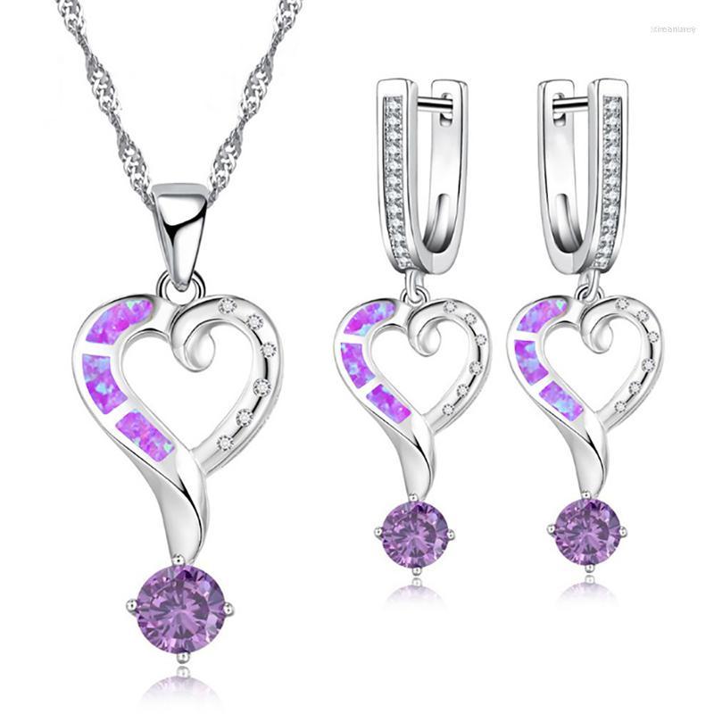 

Necklace Earrings Set Delicate Purple Crystal Wedding Heart Shape Man Made Opal Jewelry Blue Necklaces Hoop Accessories Gifts, Picture shown