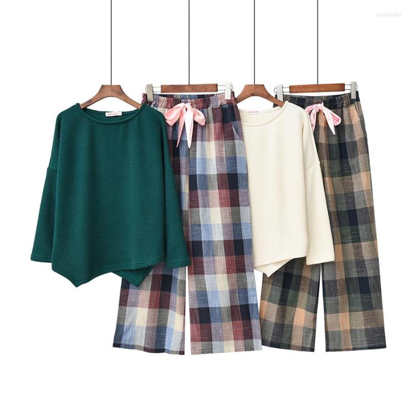 

Women' Sleepwear Pajamas Ladies Autumn Winter Korean Version Knitted Checkered Simple Comfortable Home Service Long Sleeved Suit Leisure, White