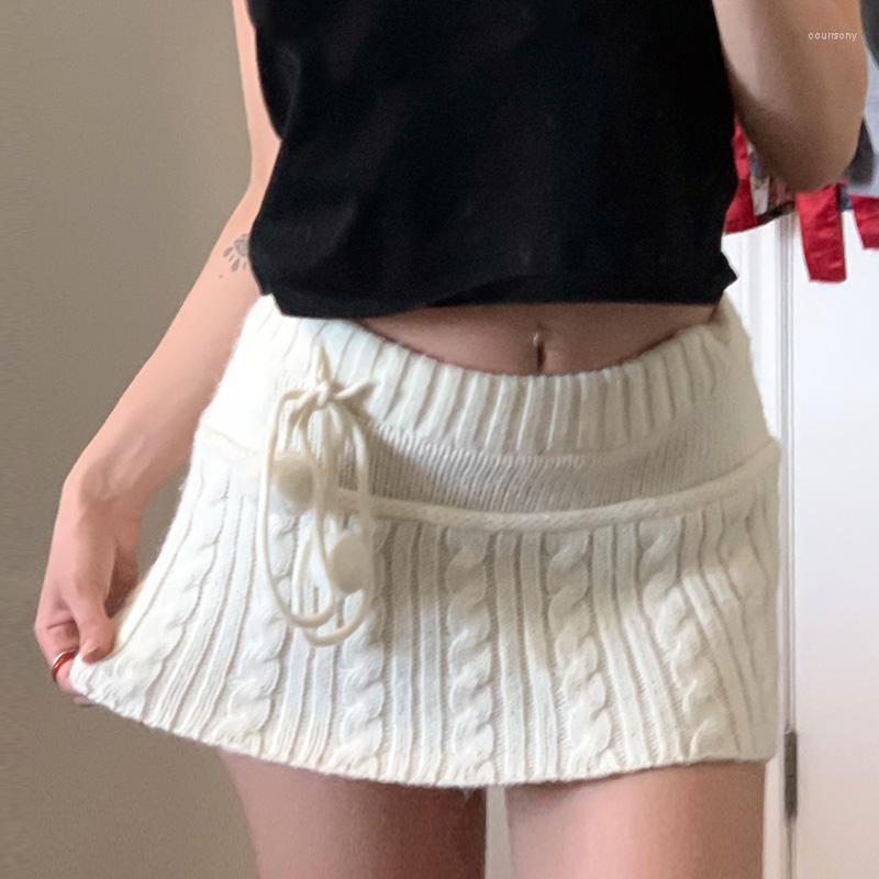 

Skirts Women Y2k Ribbed Knitted Mini Skirt Solid Color Low Waisted Drawstring Stretch Bodycon Pencil Fairycore Grunge Streetwear, White