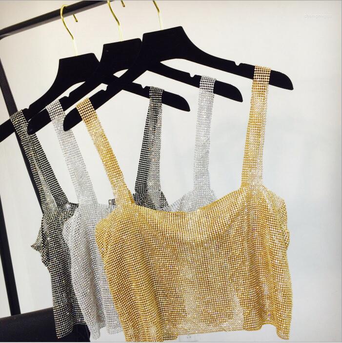 

Women's Tanks Women Glitter Backless Party Tank Tops Metallic Sequined Bustier Crop Top Sexy Diamonds Shirt Clubwear Rhinestone Crystal, Gold