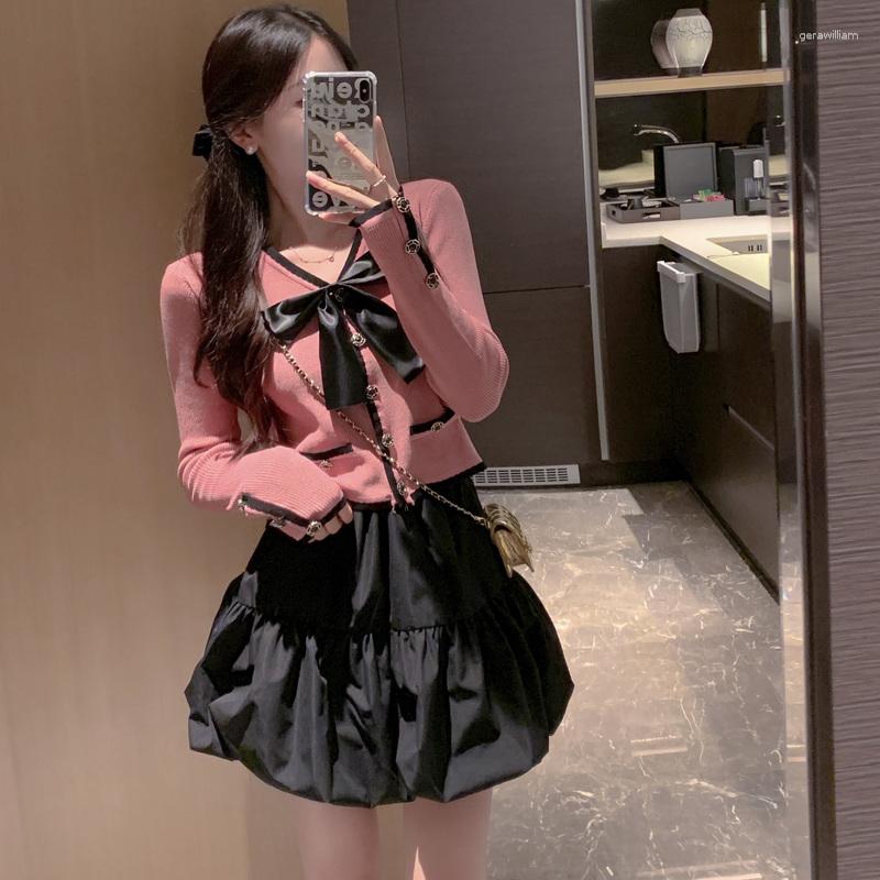 

Women's Knits 2023 Spring Cute Elegant Cardigan Retro Autumn V Neck Bow Pink Knitted Coat Slim Hit Color Long Sleeve Knit Sweater Top, White