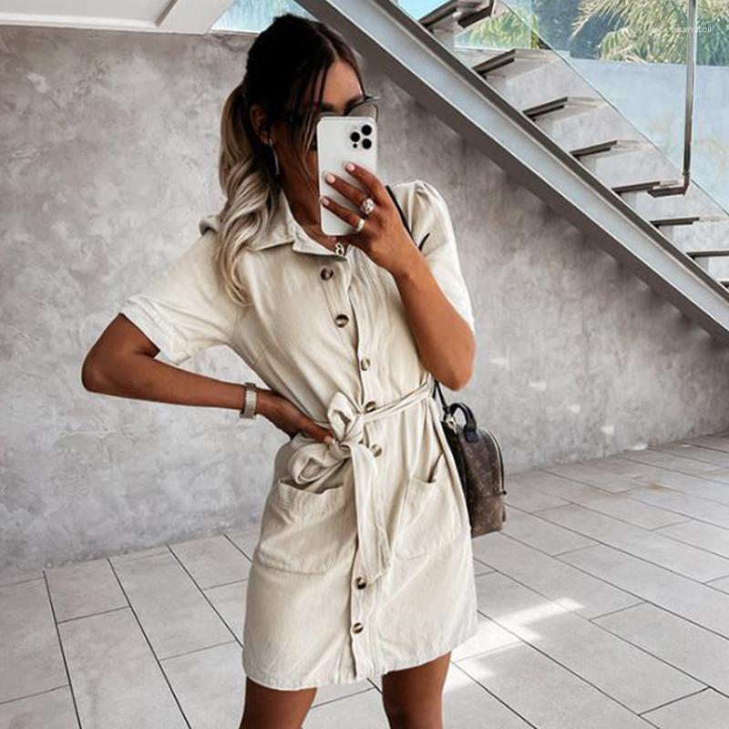 

Party Dresses Ardm Casual V Neck Pockets Summer Mini For Women 2023 Short Sleeve Single Breasted Belt Slim Office Ladies Dress, Orange
